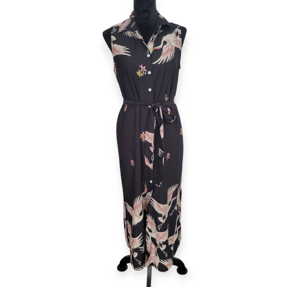 Sleeveless Maxi Dress With Crane Bird Print